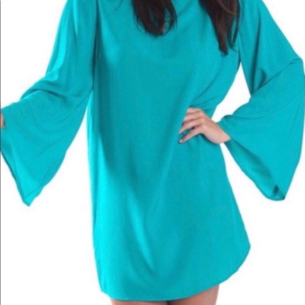 Teal Shift Dress with Long Bell Sleeves - Picture 2 of 3